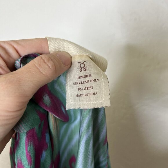 Figue Dress L Womens Multicolor Ikat Silk V Neck Short Sleeve Kaftan Tie Beach - Picture 6 of 12